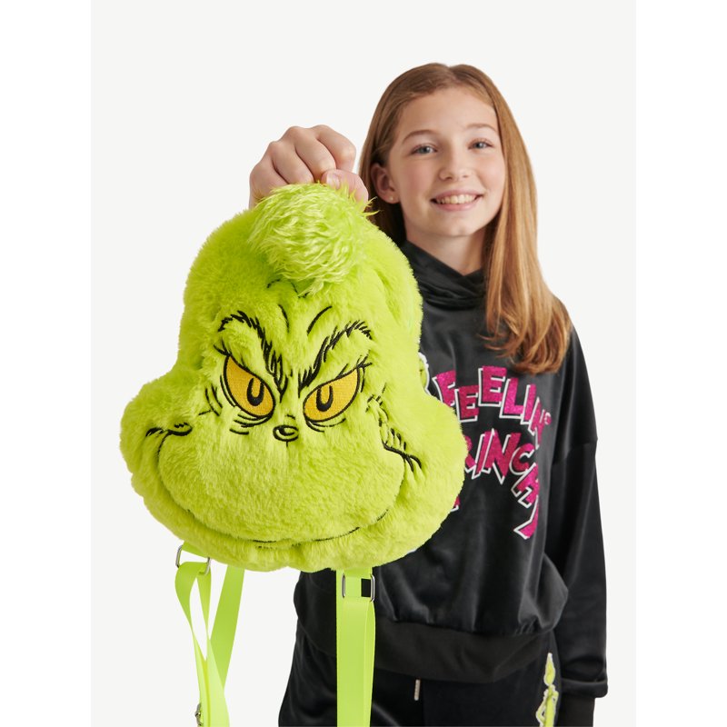Girls Grinch Faux Fur Mini Backpack - Green Plush Holiday Bag