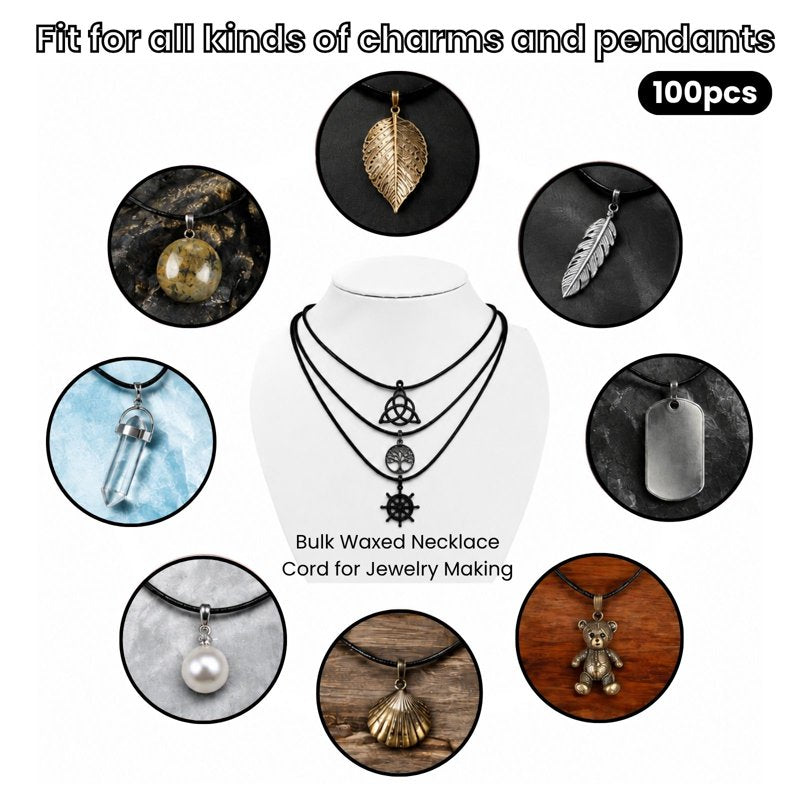Bulk Leather Necklace Cord with Clasps - 100 Black 20 Inch Jewelry Making Supplies
