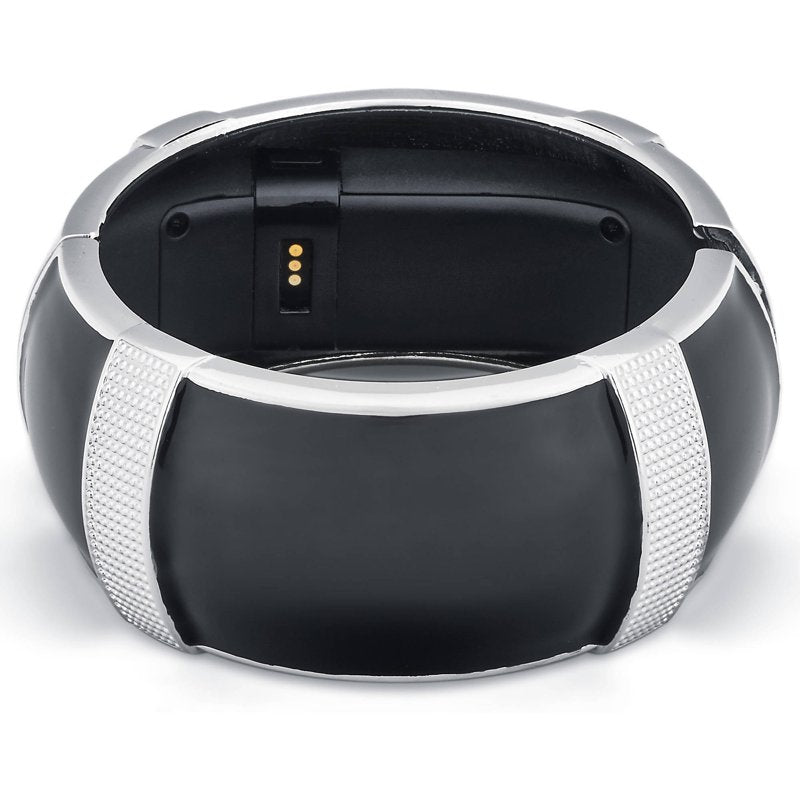 Black Enamel Textured Enhancer Bangle Bracelet for Fitbit Charge - Silver Finish