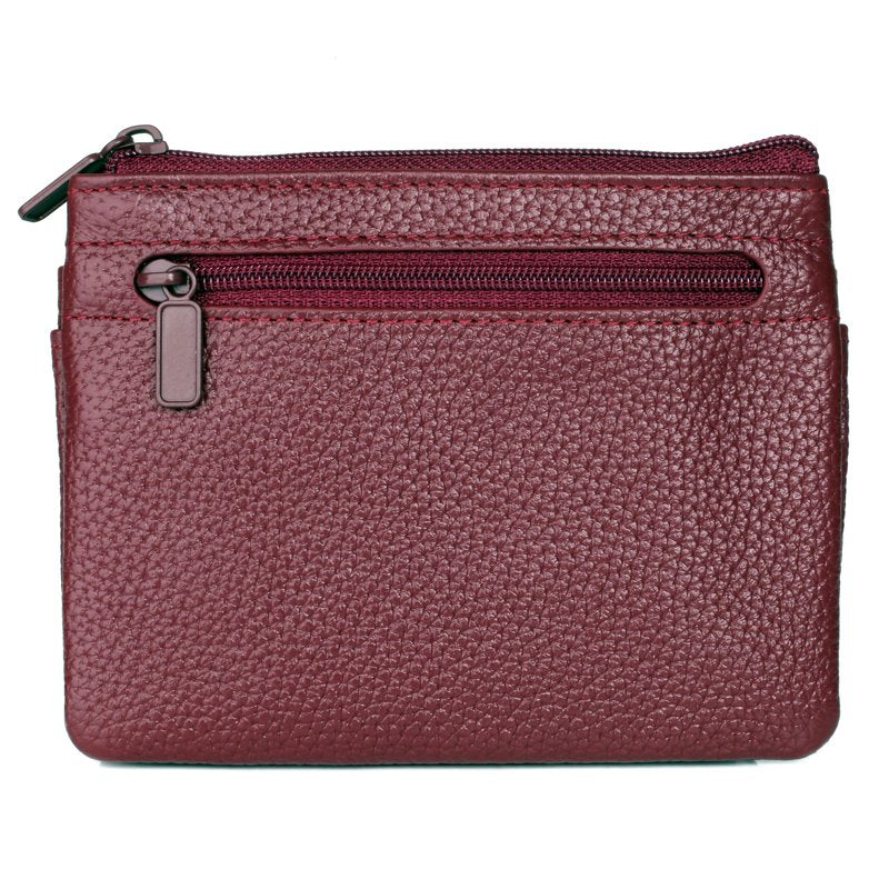 Women's Leather ID Coin Card Case with Zipper & Card Slots - Red
