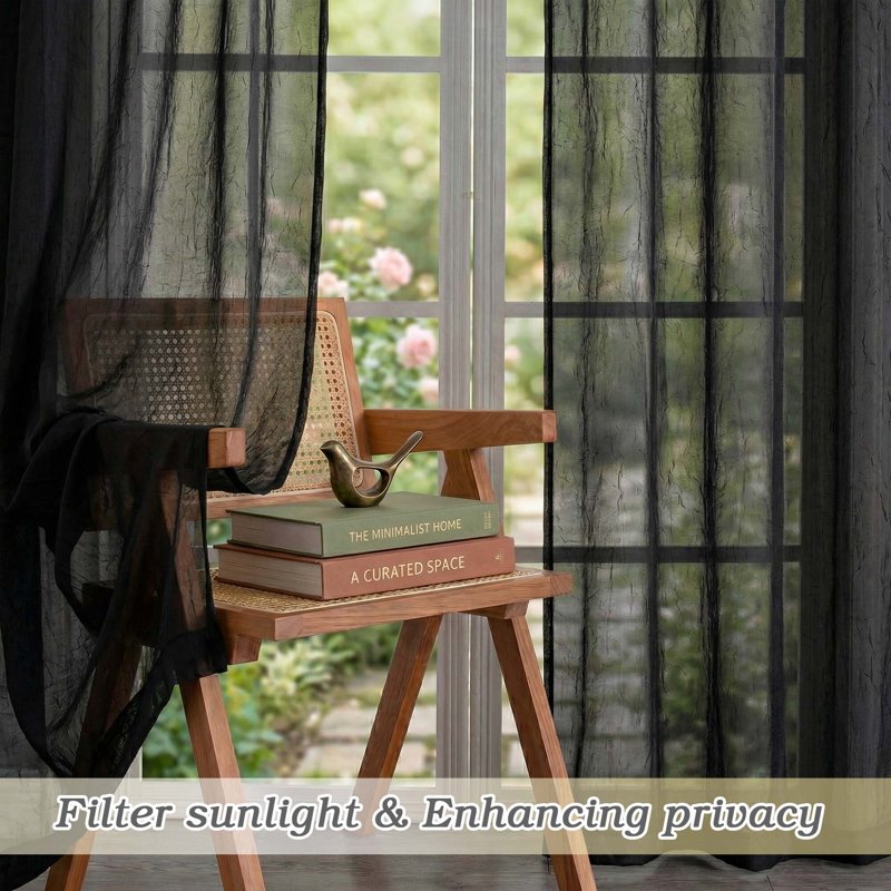MKHILL Black Crushed Sheer Curtains 72in 2 Panels Rod Pocket Drape Set - 42x72