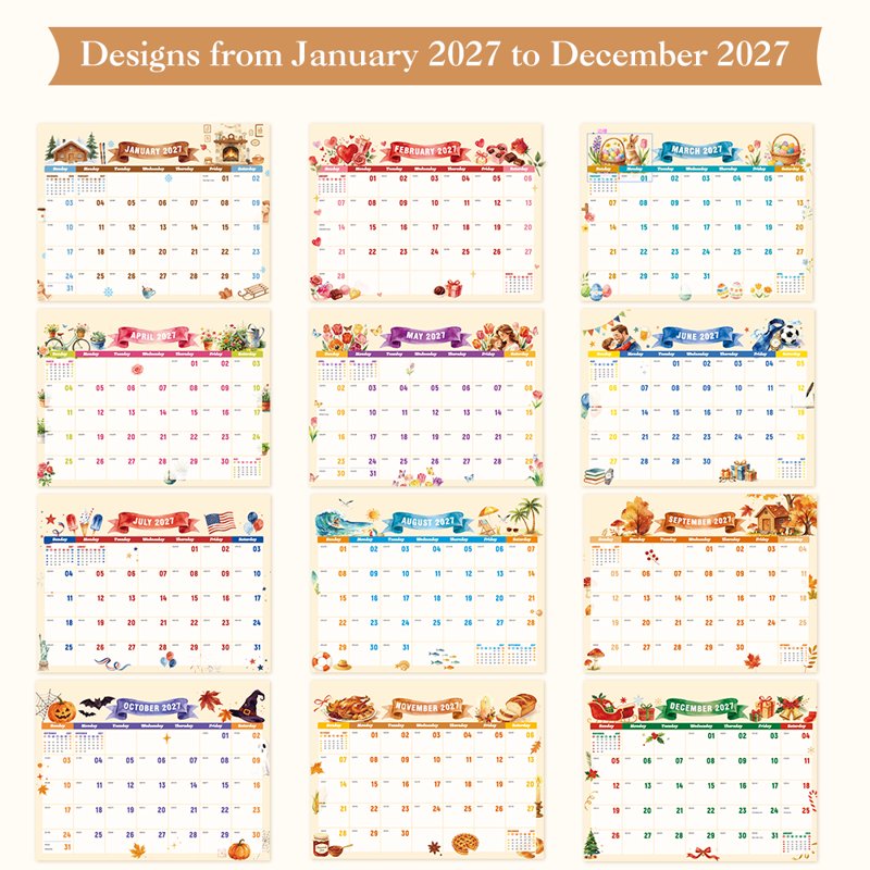 2027 Wall Calendar Planner - Large Monthly Home Wall Calendar with Watercolor Pattern