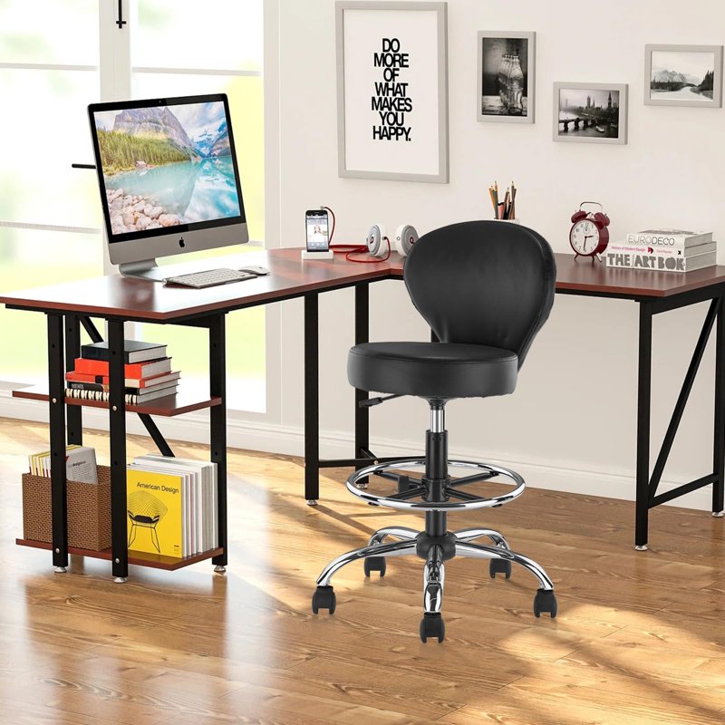 Drafting Chair Rolling Swivel Stool with Back Support & Foot Rest - Adjustable Hydraulic Office & Salon Stool