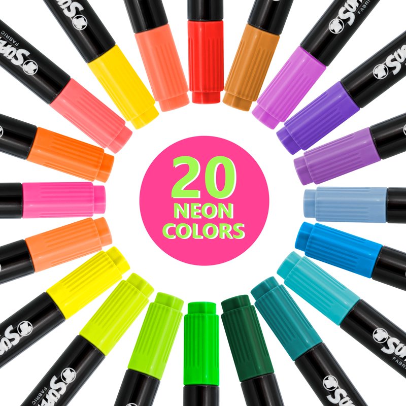 Neon Fabric Markers Set - 20 Vibrant Double-Ended Permanent Art Pens