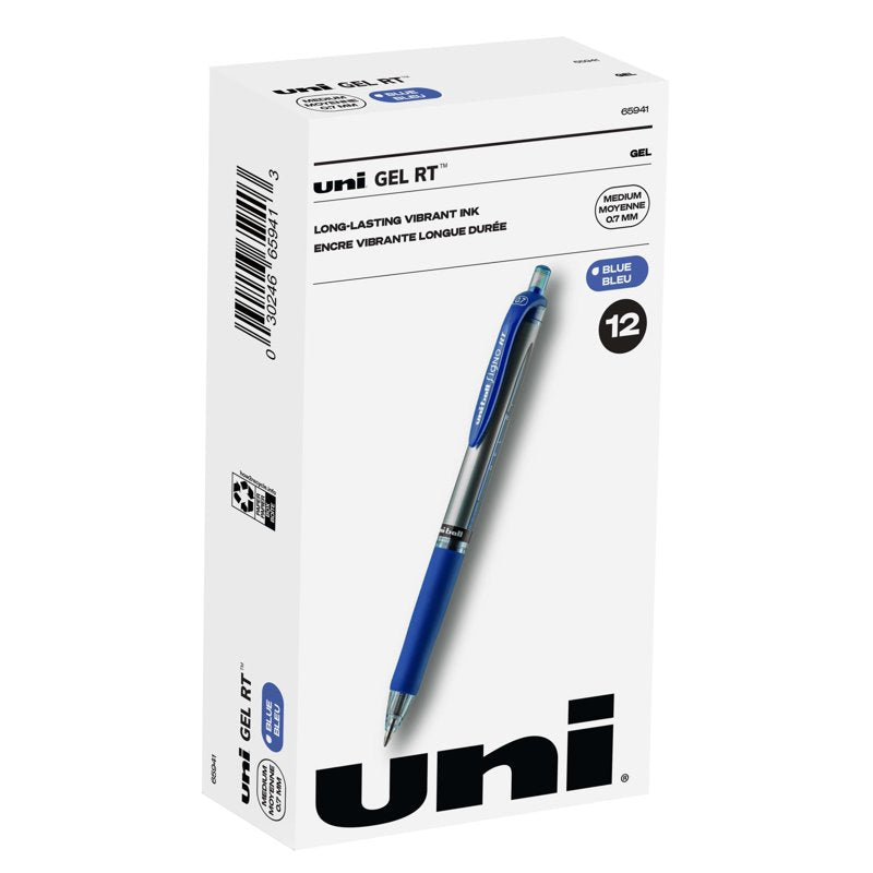 Gel Pen Set 12 Pack - Medium 0.7mm Blue Ink Retractable Pens with Rubber Grip