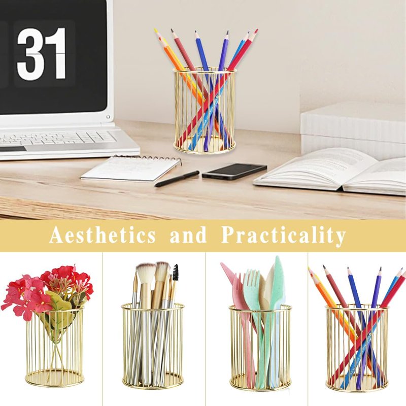 Gold Metal Pen Holder Set - Desk Organizer for Office & Makeup