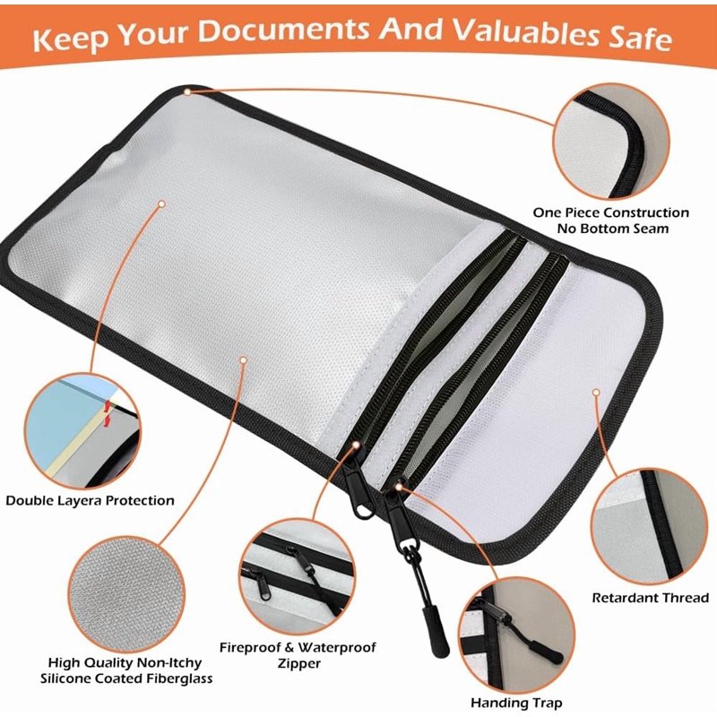 Fireproof Waterproof Document Bag - 2000℉ Safe & Water-Resistant with Reflective Strips, 2 Sizes for Passports, Cash, Files