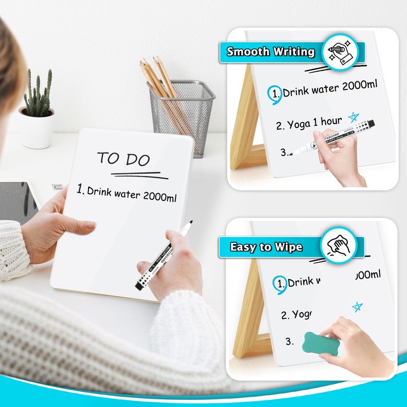 Glass Desktop Whiteboard with Reversible Stand - Small Portable Dry Erase Board