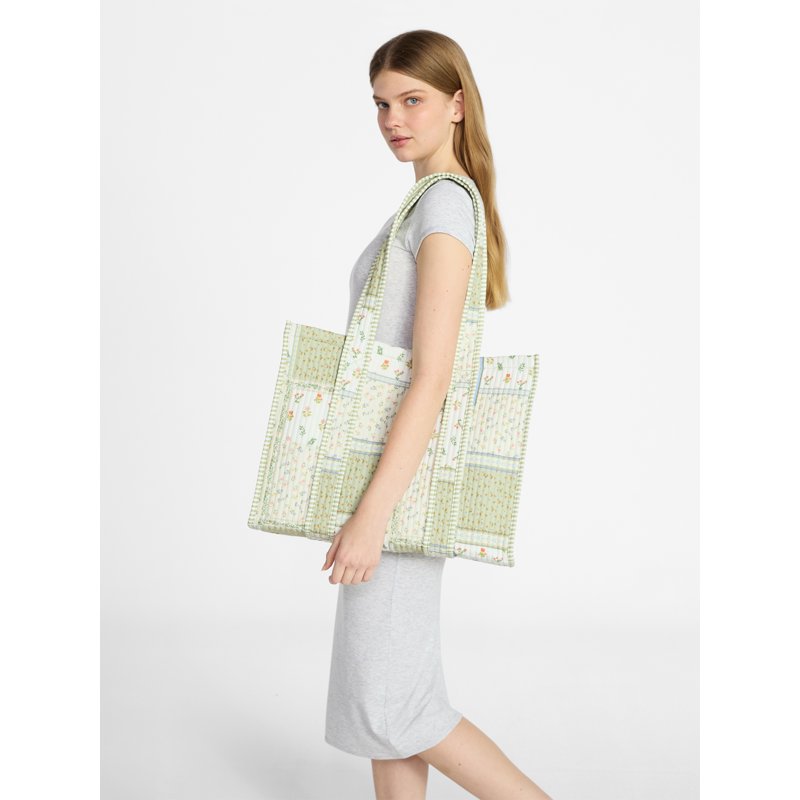 Women's Quilted Tote Bag with Double Shoulder Straps - Green Patchwork