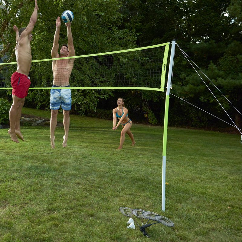 Outdoor Badminton and Volleyball Combo Set - Adjustable Net, 4 Rackets, Volleyball
