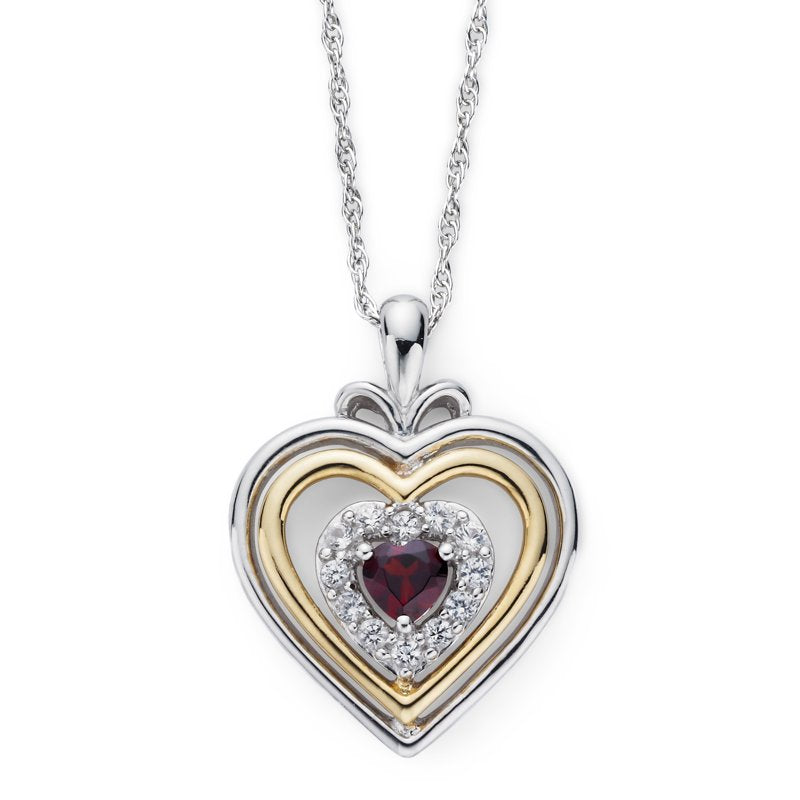 Heart Pendant Necklace with Garnet and White Sapphire in Sterling Silver and Gold Plating – All Birthstone Variants