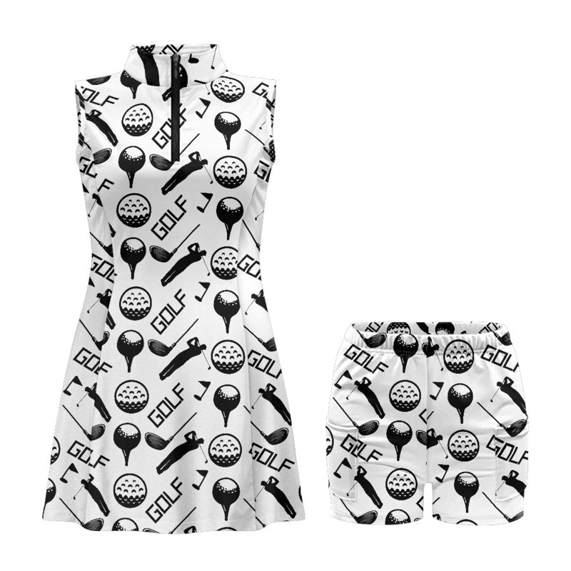 Golf Ball and Club White Print Woman’s Golf Dress Set - 2XL, Sleeveless V-Neck with Pockets