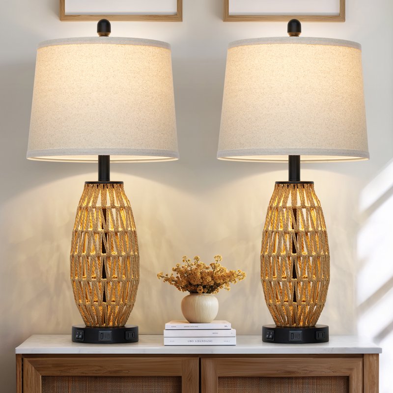 Set of 2 27-Inch Rattan Table Lamps with Night Light & USB Charging