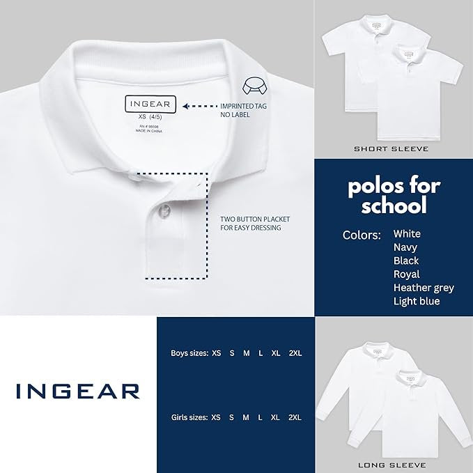 Girls Long Sleeve Polo Shirts 2-Pack - Breathable, Durable & Easy Care