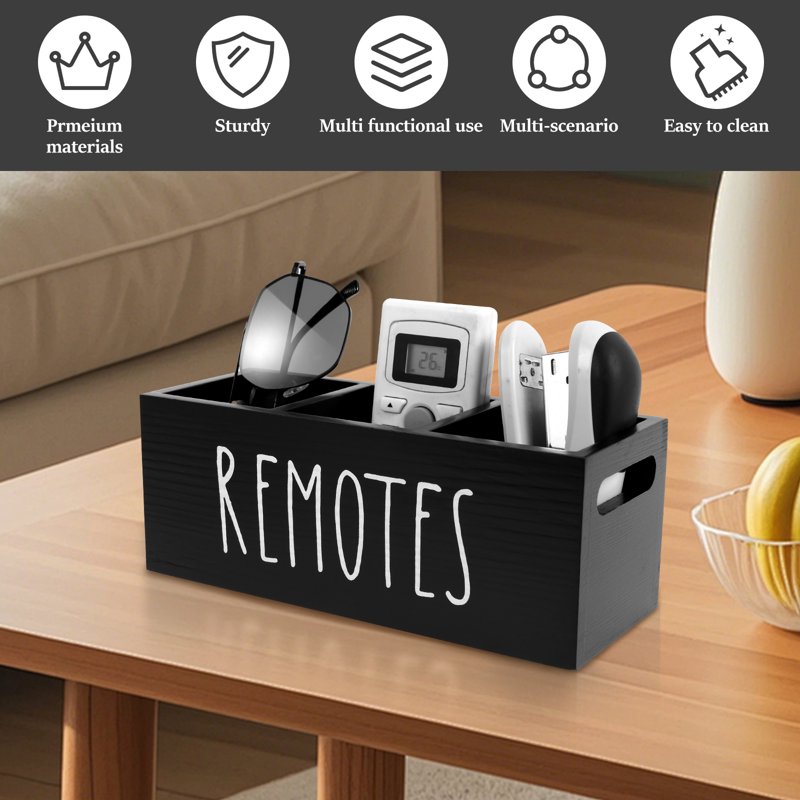 Wooden Remote Control Holder with 3 Compartments for Living Room Nightstand