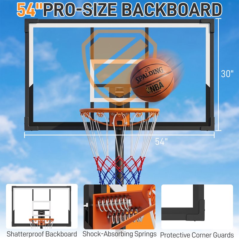 Portable Basketball Hoop with Adjustable Height 4.5-10FT, 54-Inch Backboard, Sandbag Stability