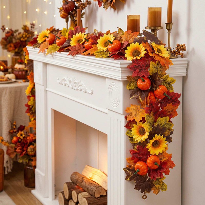 Autumn Garland with Maple Leaves, Pumpkins & Sunflowers for Thanksgiving Decor - 39 Inches Long