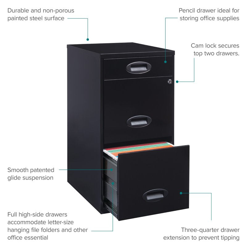 Steel File Cabinet with 3 Drawers for Letter Size Documents Black