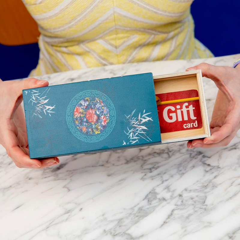 Wooden Secret Puzzle Box with Sliding Mechanism and Hidden Compartment, Teal Decor