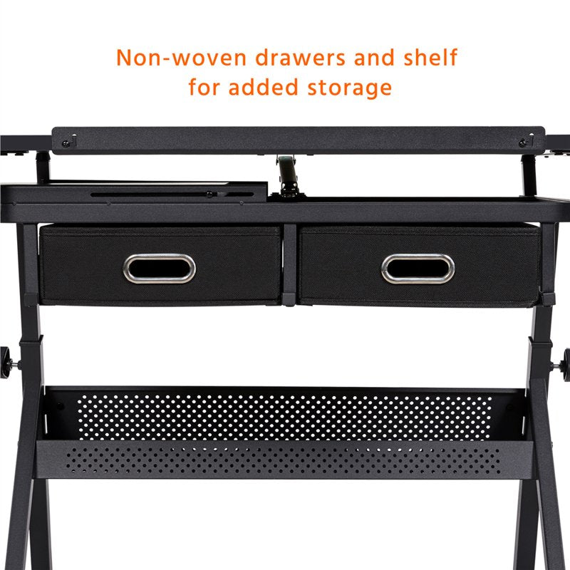 Adjustable Height Drafting Table and Stool Set with Storage - Black