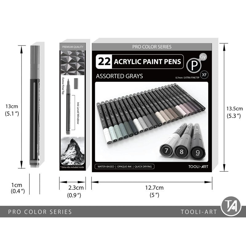 Tooli-Art 22-Color Gray Acrylic Paint Pens Set | 0.7mm Extra-Fine Tip — Variation: Gray
