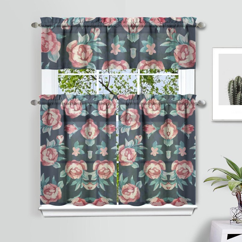 Kitchen Curtains and Valance Set 3 Pieces Vintage Rose Window Treatment
