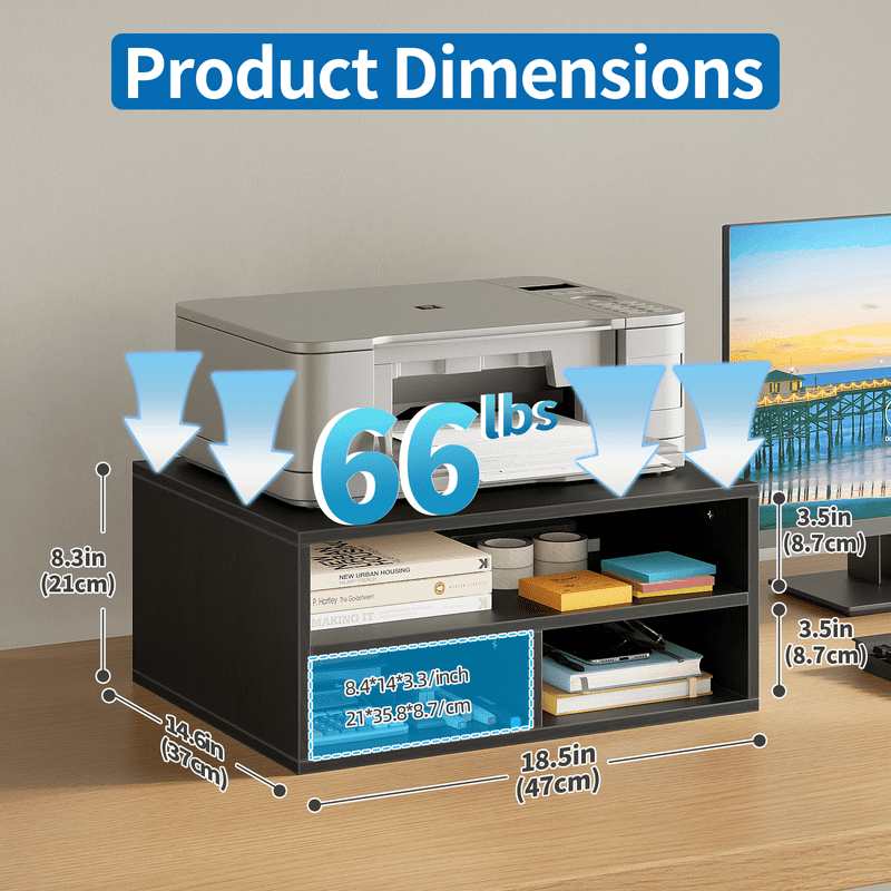 YQ JENMW Desktop Printer Stand with 2-Tier Open Storage Shelves, Black, 3 Compartments