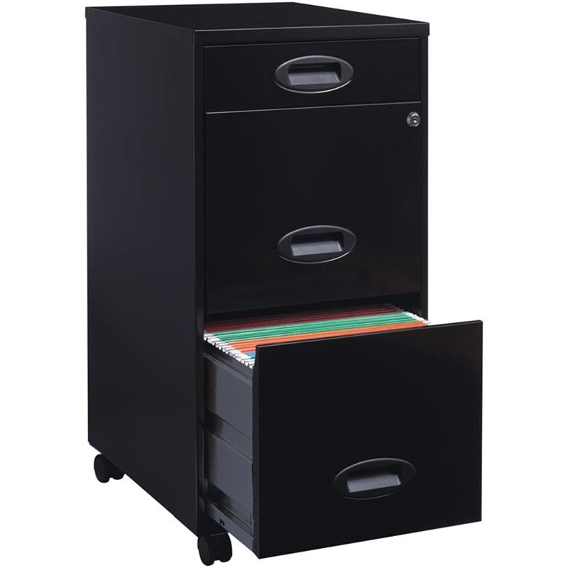 Mobile 3-Drawer Steel File Cabinet with Lock - Black Office Storage