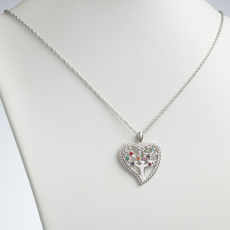 Personalized Family Heart Birthstone Pendant Necklace - Silver or Goldtone, 20" Chain