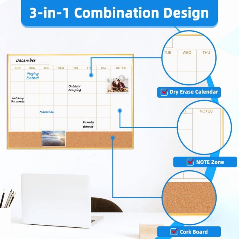 Magnetic Dry Erase Calendar Whiteboard Cork Board Combo 24x18 Wall Organizer