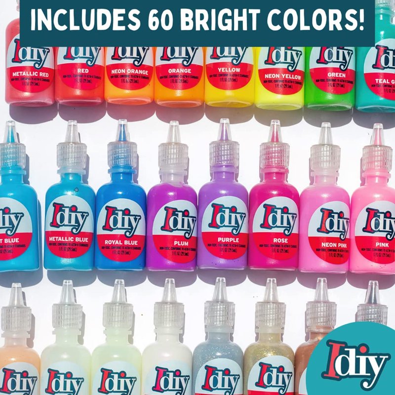 60 Color Fabric Paint Set with Glitter Neon Metallic Glow Non-Toxic Water-Based
