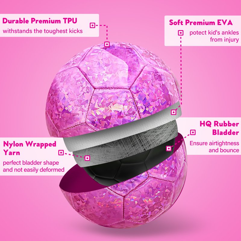 Size 4 Glitter Pink Soccer Ball for Kids - 5-13 Years Training & Recreation