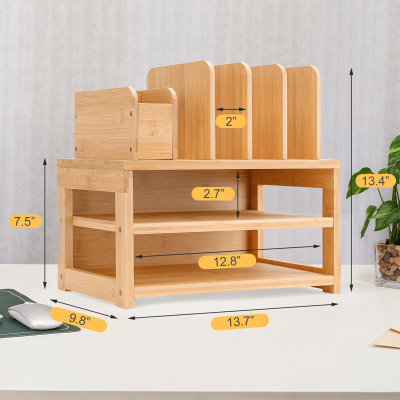 Bamboo Desk Organizer with File Holder & Adjustable Pen Slots – 3-Tier Office Storage