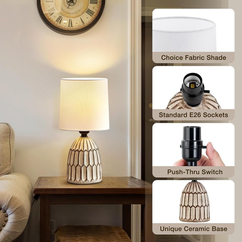 Small Ceramic Table Lamp Set - Rustic Farmhouse Boho Bedside & End Table Lamps