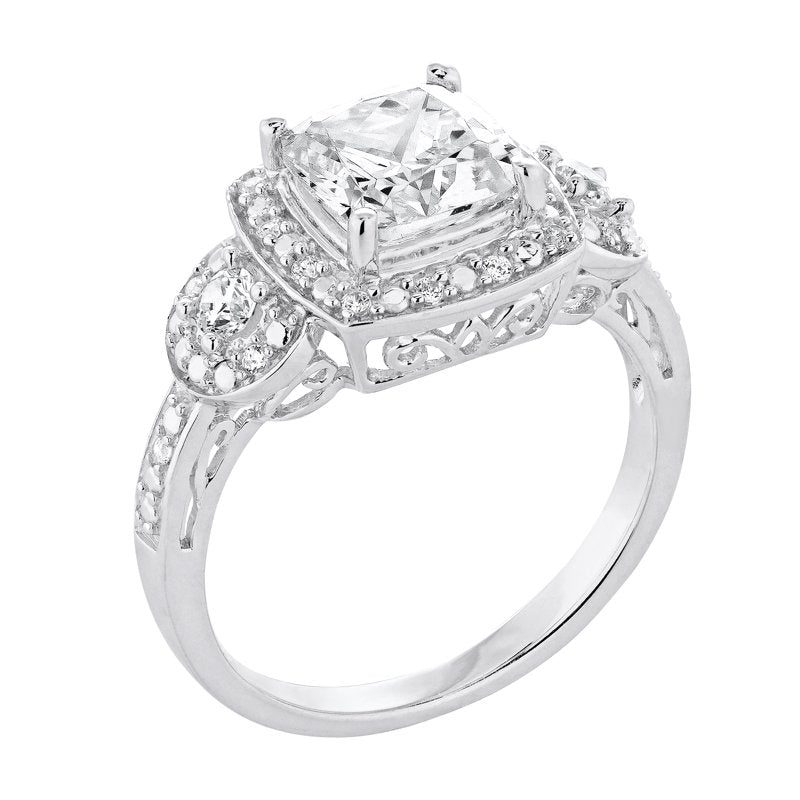 Sterling Silver 3 Stone White Diamond Cushion Ring - Hypoallergenic Jewelry