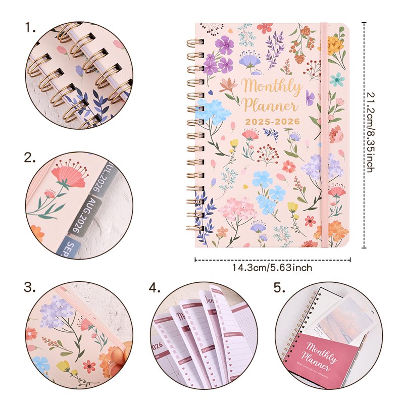 Floral Monthly Planner 2 Years A5 Hardcover Calendar Notebook with Tabs