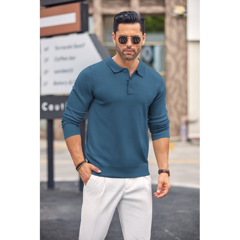 Men's Slim Fit Long Sleeve Polo Shirt with Button-Down Collar and Stretch Knit Fabric