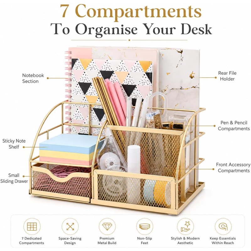 Wire Mesh Desk Organizer with 6 Compartments - Office & Home Storage