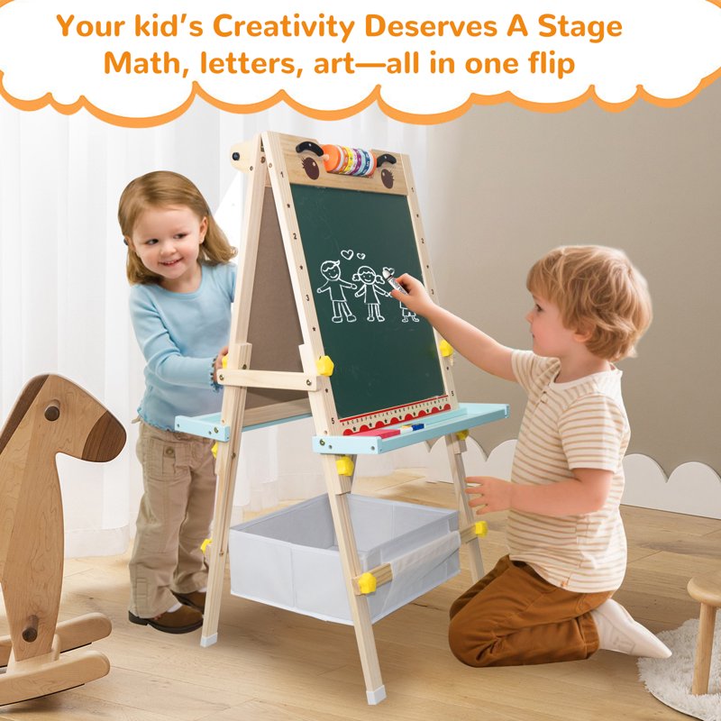 Kids Art Easel with Paper Roll Double-Sided Adjustable Drawing Board with Accessories
