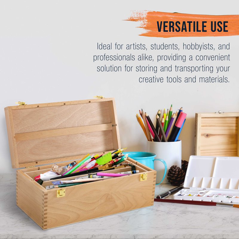 Art Supply Wooden Tool Storage Box with Removable Tray & Locking Clamps