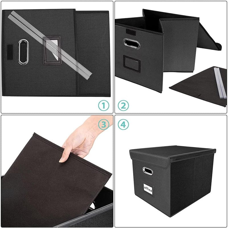 Foldable File Storage Box with Lid - Office & Home Organizer, Black