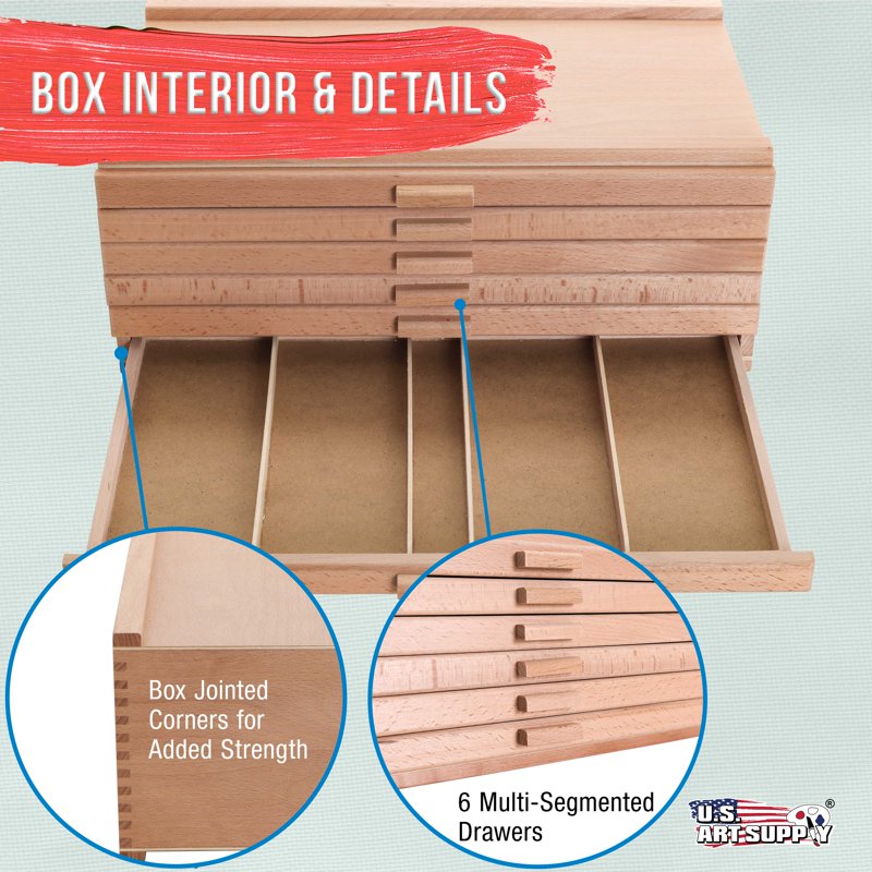 Wooden Pastel and Art Supply Storage Box with 6 Drawers