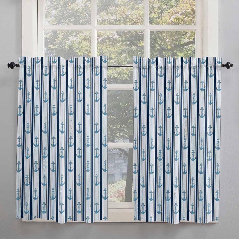 Navy Blue Nautical Short Curtain Panels 54 Inch Rod Pocket Window Treatments - Set of 2