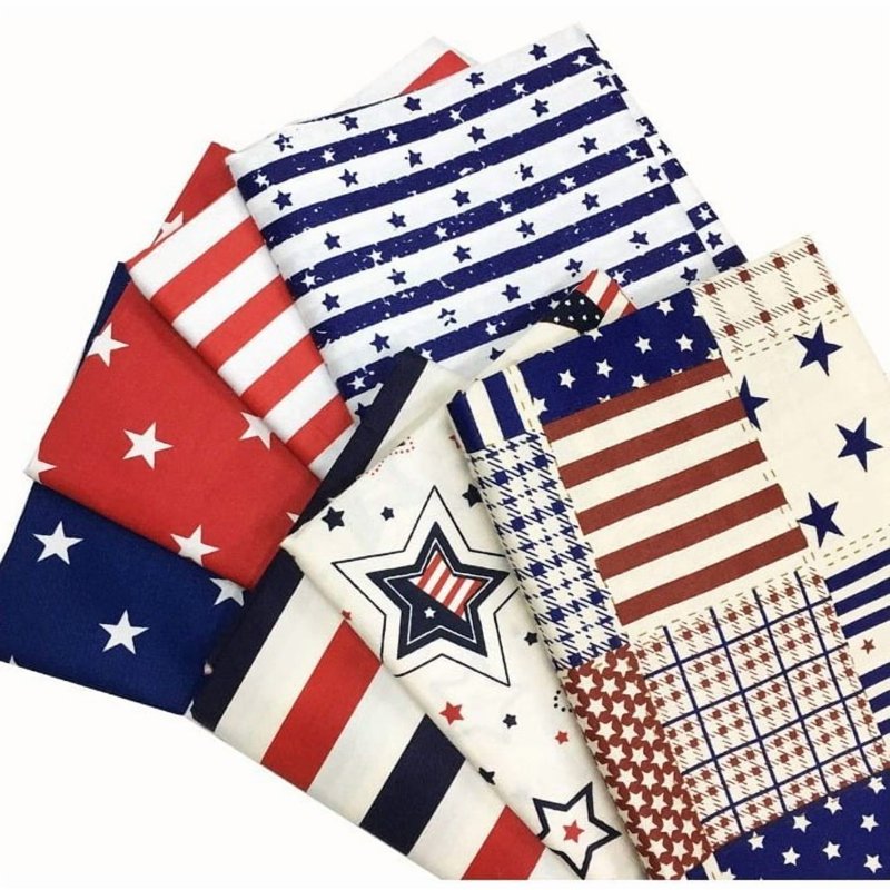 Patriotic Cotton Fabric Bundles 8pcs 10x10 Inch for 4th of July Quilting & DIY Crafts