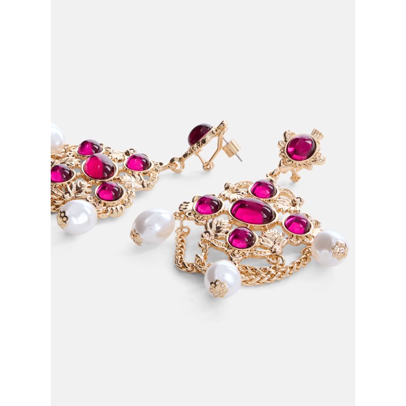 Gold Tone Chandelier Earrings for Women - Faux Pearl & Jewel Accents