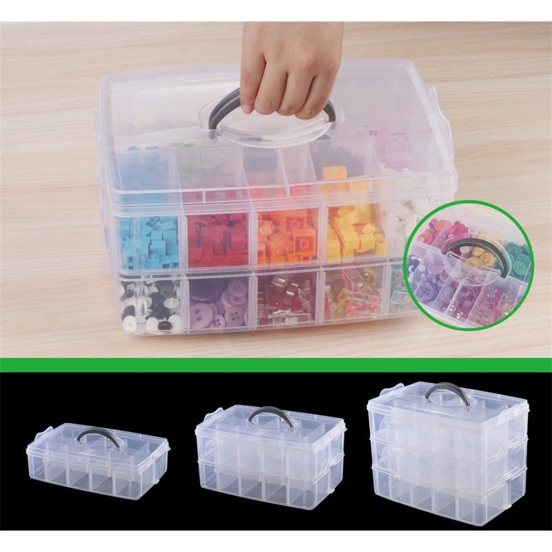 Large 3-Layer Clear Plastic Craft Storage Box with 30 Adjustable Compartments