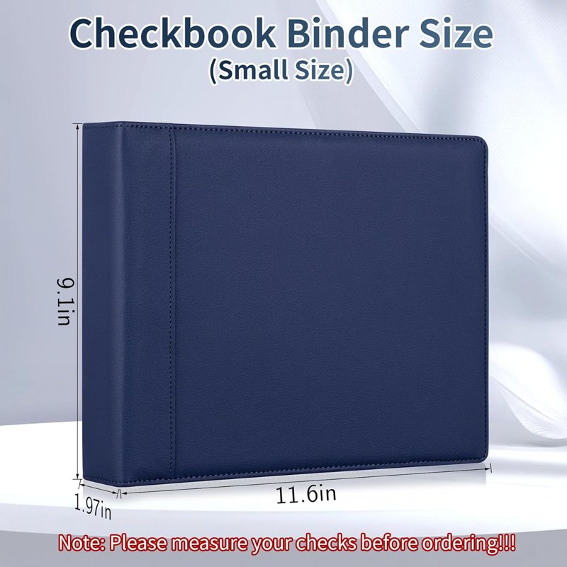 3 Ring Checkbook Binder with Zipper Pouch - Small PU Leather Organizer for Checks & Receipts, Navy Blue