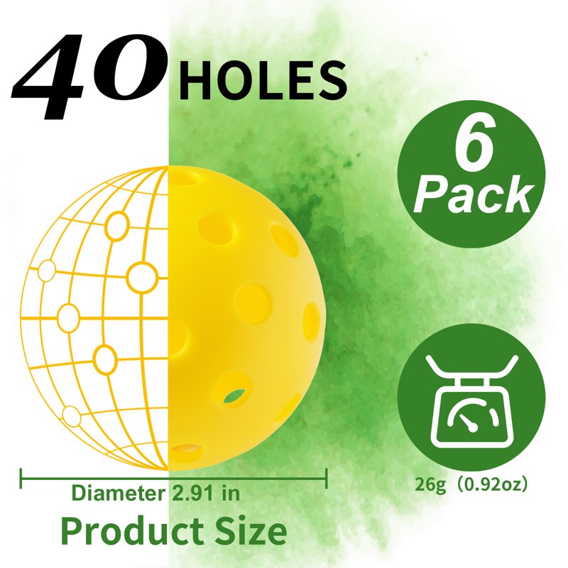 Pickleball Balls 6-Pack Outdoor, 74mm 26g | 40-Hole High Durability Yellow Set