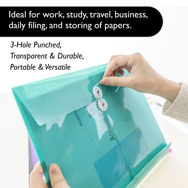 Poly Envelope Binder Pockets with 3-Hole Punch, Clear Document Folders 5-Pack