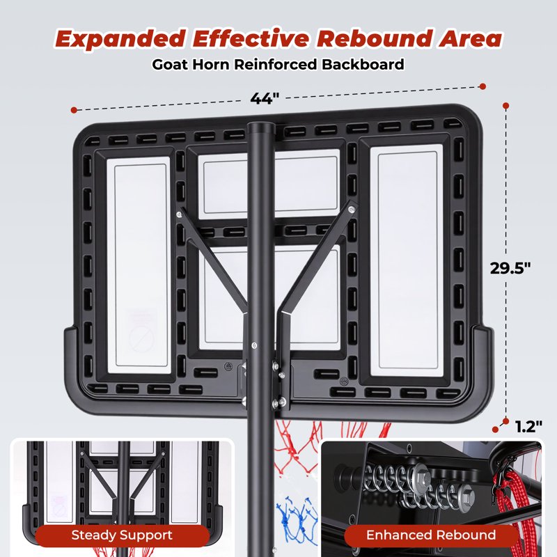 Portable Basketball Hoop with Adjustable Height & Stable Dual Rear Base - Family Size, Rollable Wheels